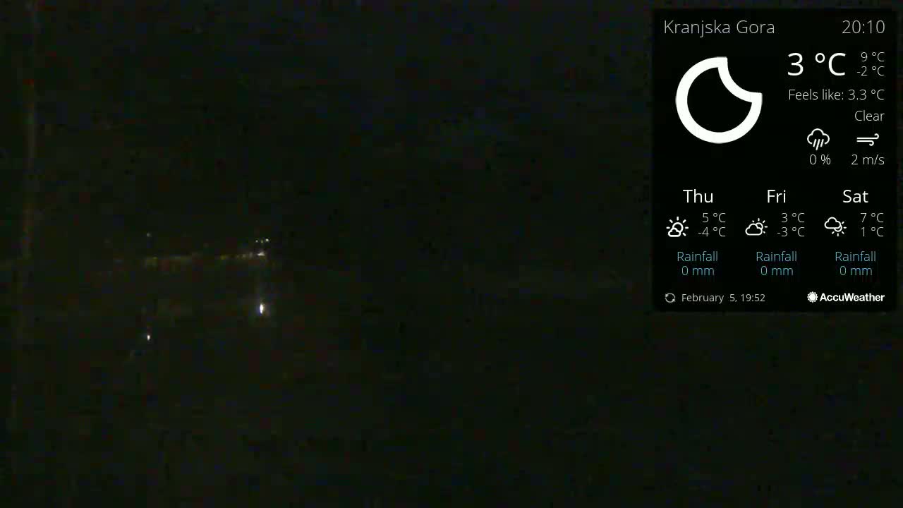 A dark nighttime outdoor scene shows a few distant lights under a clear sky.