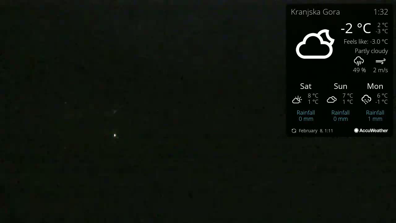 A dark, partly cloudy night scene with a few faint lights visible in the distance.
