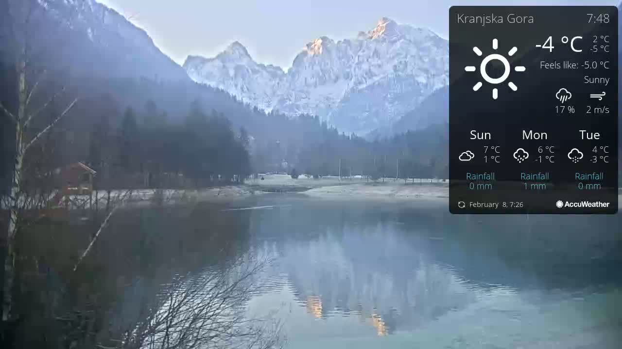 A calm lake reflects snow-capped mountains under a sunny sky.