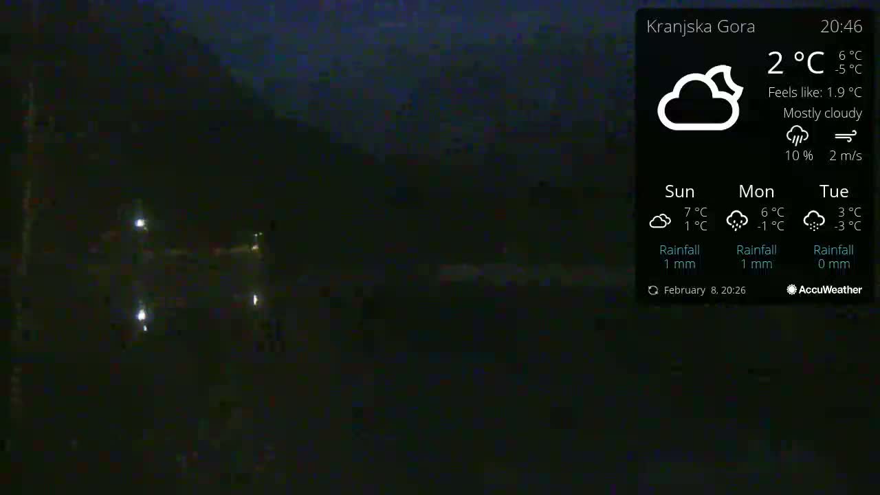 A nighttime view of a mostly cloudy scene with faint lights in the distance under a mostly cloudy sky.