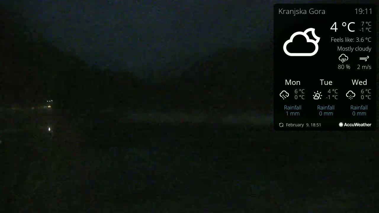 A nighttime view of a mostly cloudy landscape with a few distant lights visible.