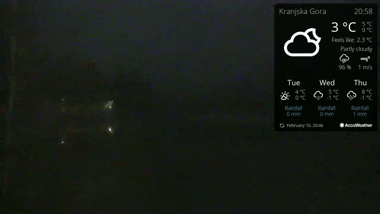 A dark, partly cloudy night scene with a few distant lights visible.