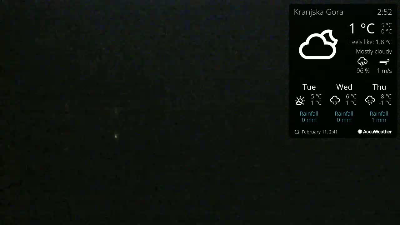 A mostly cloudy nighttime scene with a temperature of 1°C.