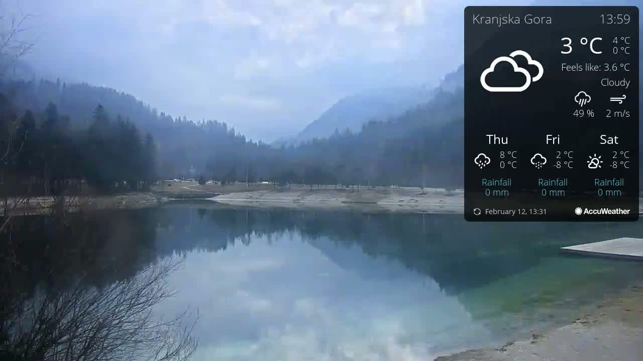 A calm lake reflects a cloudy sky and forested mountains under a 3°C cloudy sky.