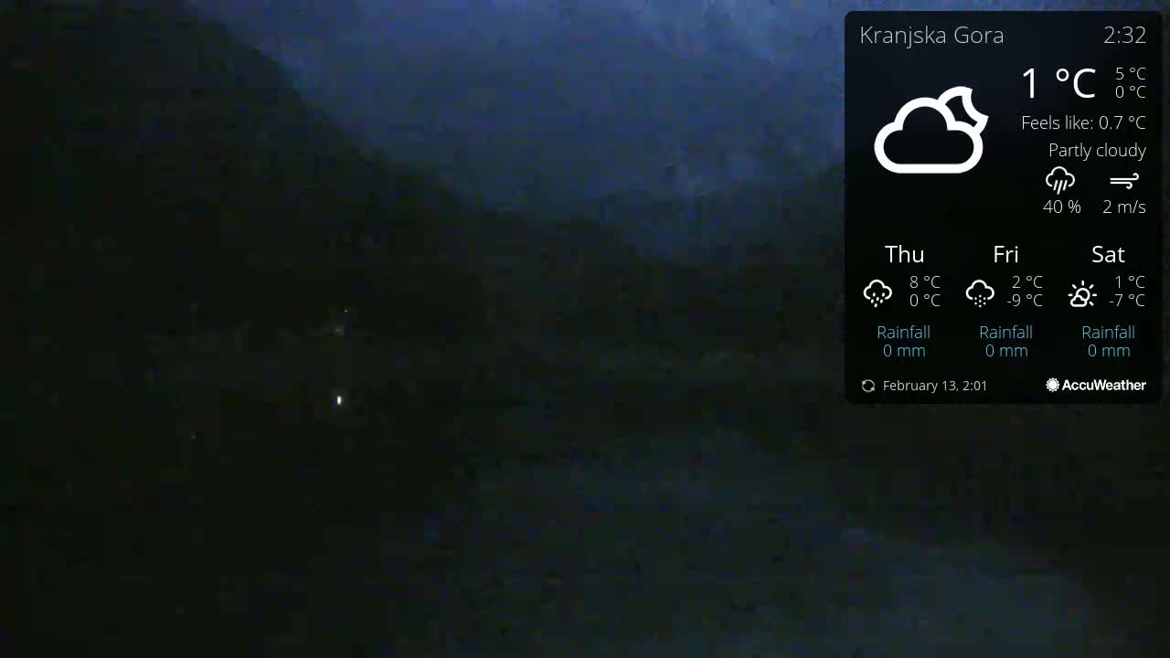 A dark, partly cloudy night scene shows a mountainous landscape with a few distant lights.
