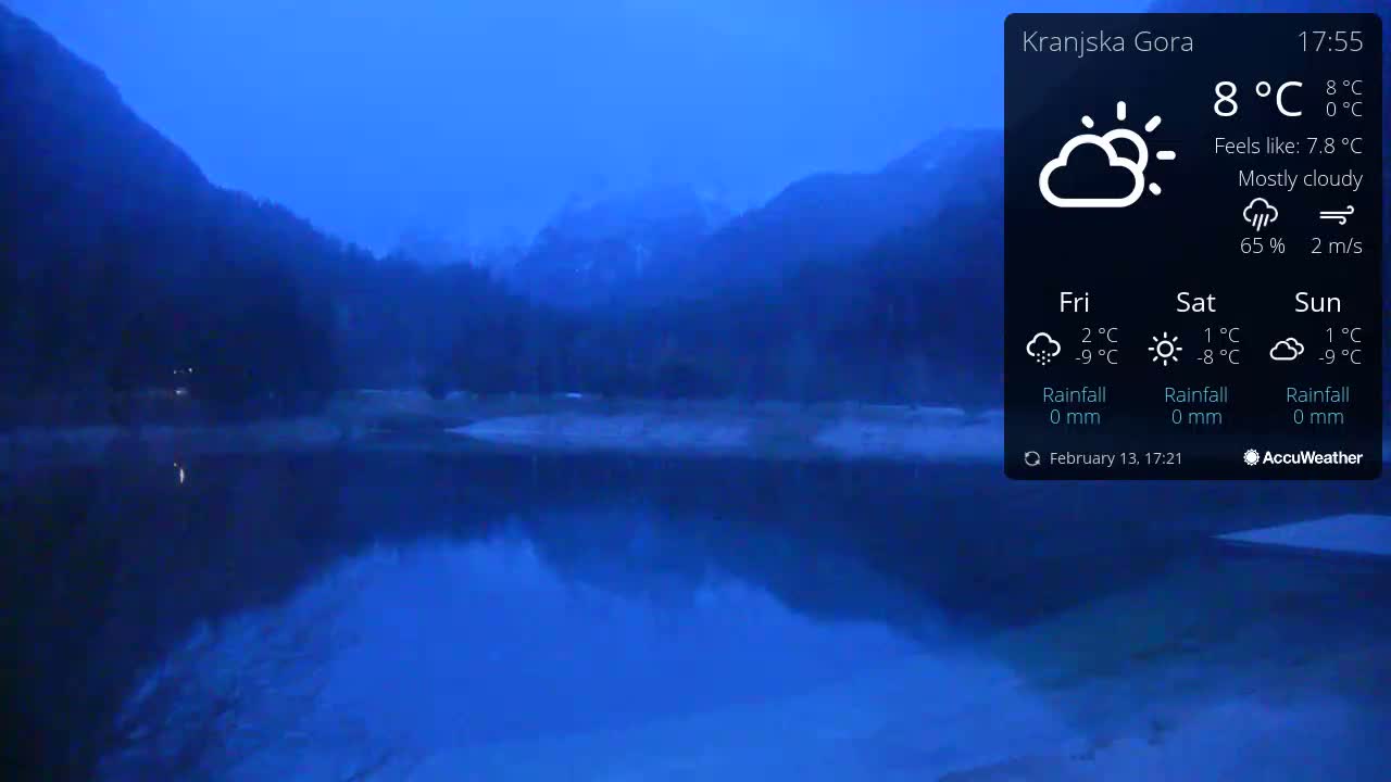 A mostly cloudy twilight scene shows a calm lake reflecting dark mountains under a mostly cloudy sky.