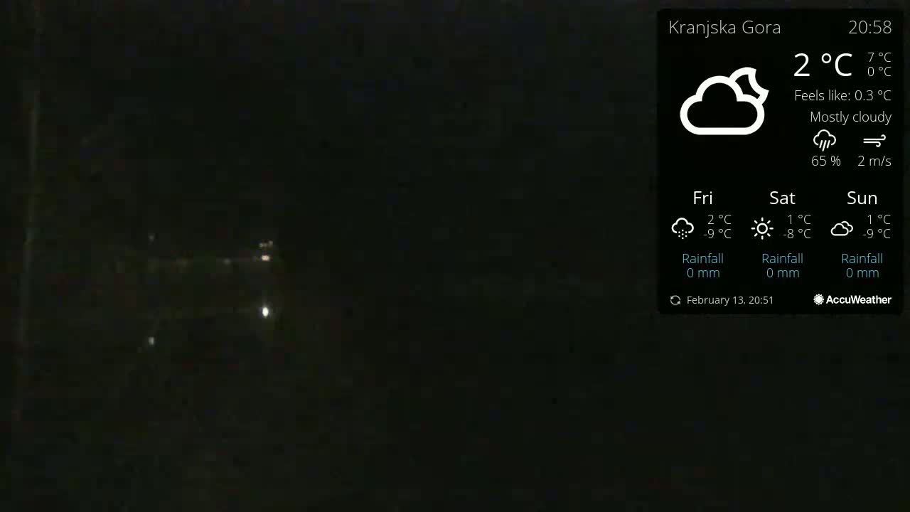 A dark, mostly cloudy night scene with a few distant lights visible.