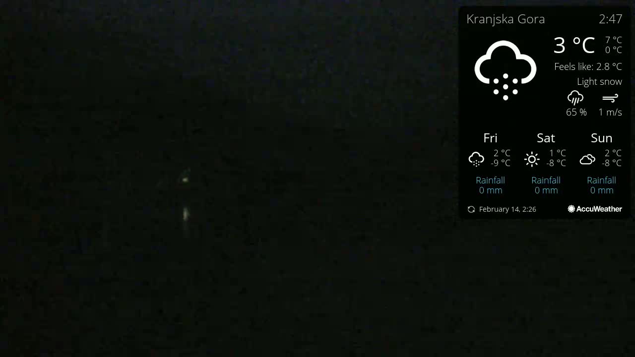 A dark, nighttime scene with light snow falling.