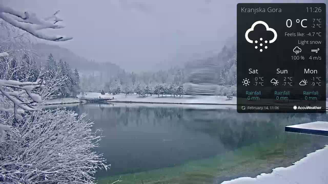 A snow-covered landscape with a calm lake reflecting a snow-dusted forest under a light snow.