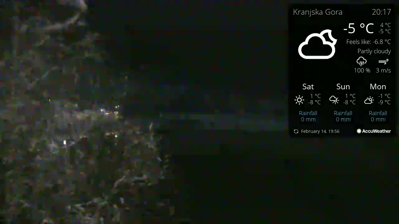 A nighttime, partly cloudy scene shows a dark, blurry landscape under a sky with a -5°C temperature and 100% cloud cover.