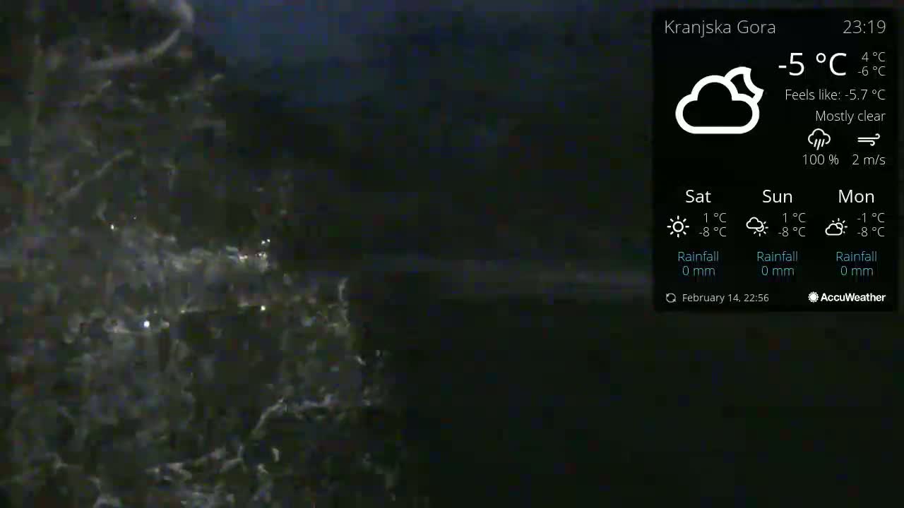 A nighttime, mostly clear view of churning dark water at -5°C.