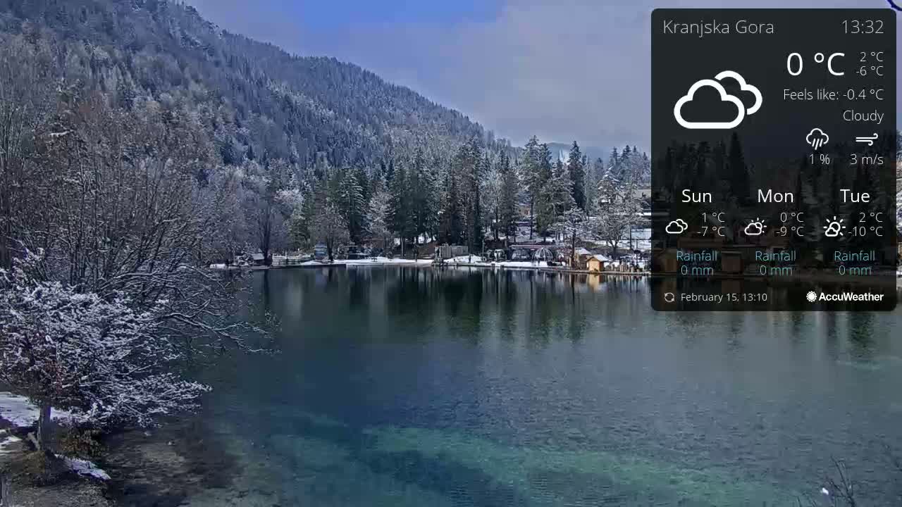 A calm lake reflects snow-covered trees and buildings under a cloudy sky.