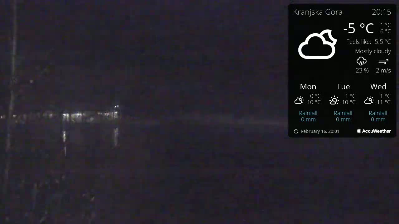 A dark, mostly cloudy night scene shows a dimly lit body of water and shoreline under a -5°C temperature.