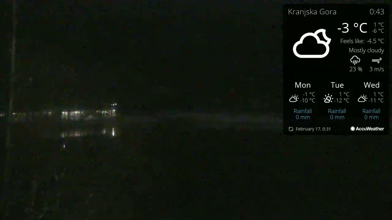 A dark, nighttime view of a mostly calm body of water reflecting a few distant lights under mostly cloudy skies.