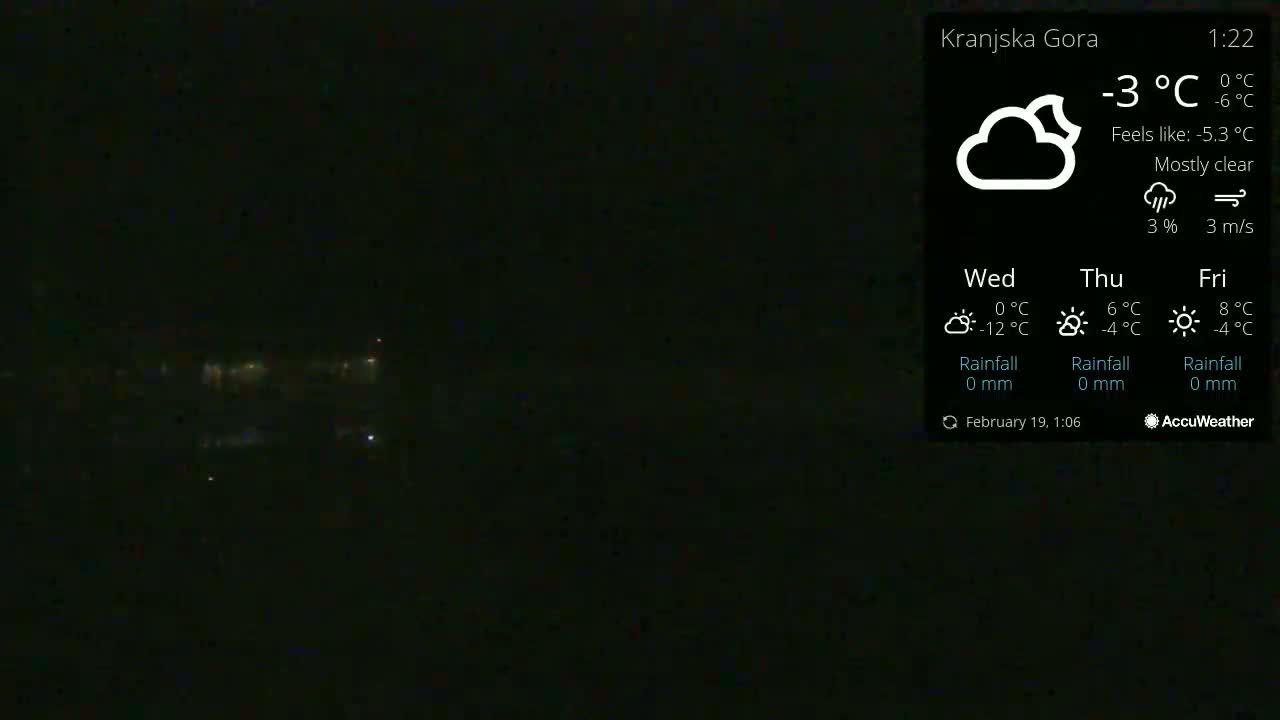 A mostly clear night scene shows a dark landscape with a few distant lights visible under a -3°C temperature.