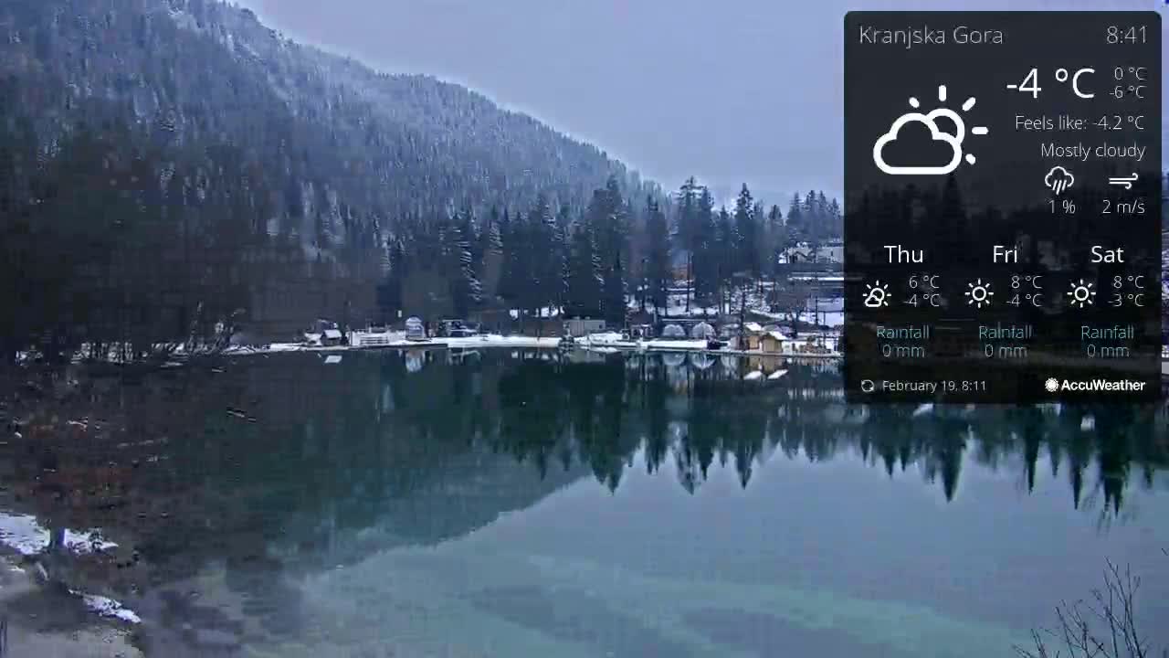 A mostly cloudy, cold day with a calm lake reflecting snow-covered mountains and a small village.