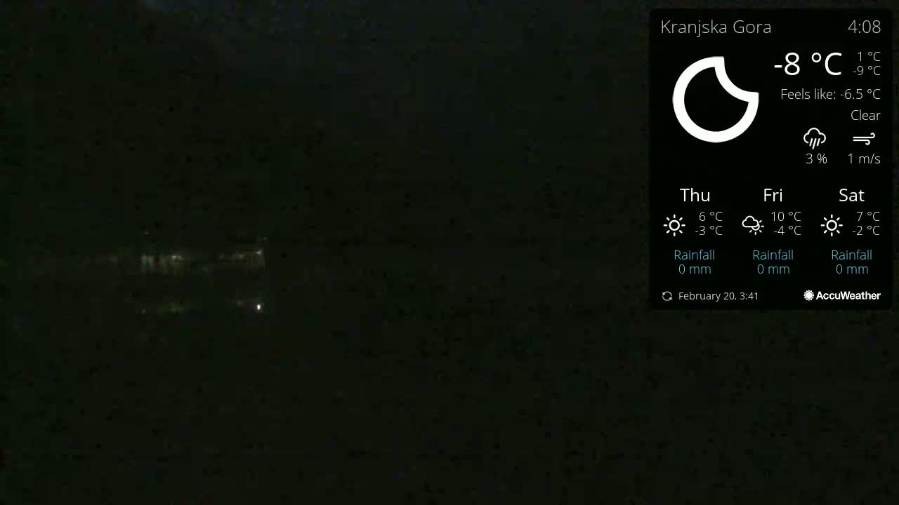A dark, nighttime scene with a few faint lights in the distance under a clear sky.