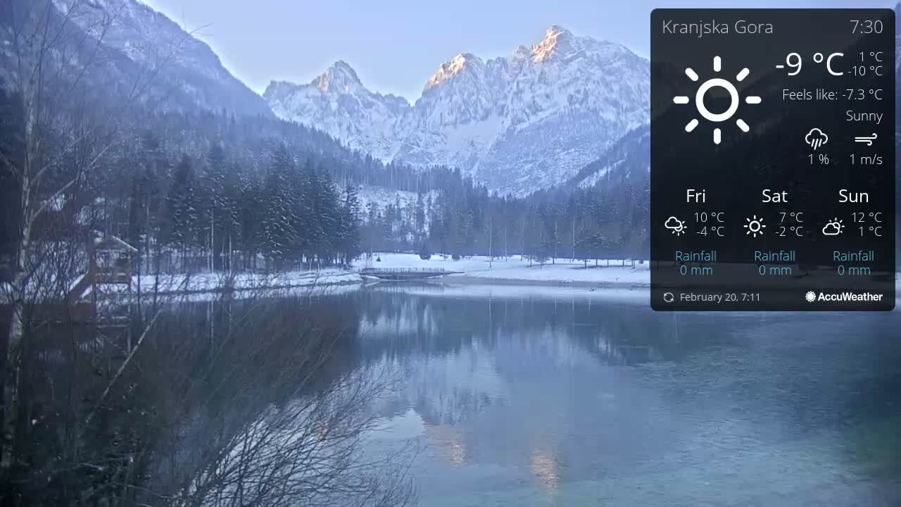 A calm lake reflects snow-covered mountains under a sunny sky.