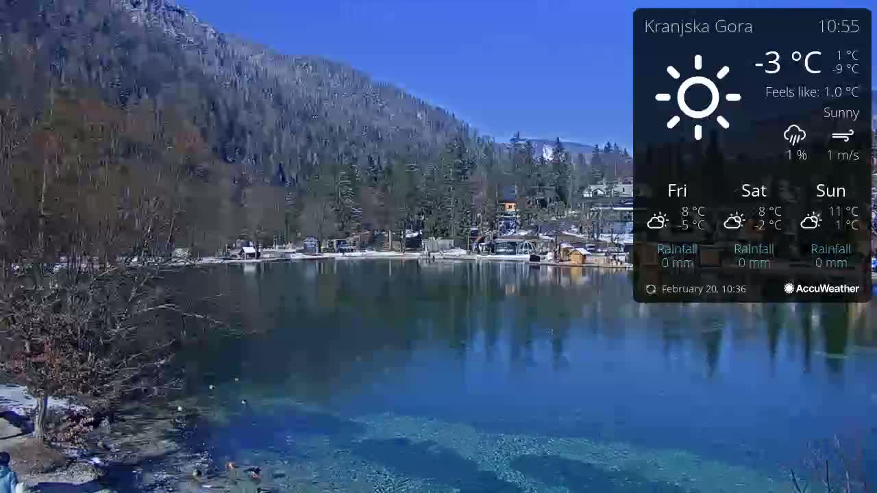 A sunny day reveals a calm, blue lake reflecting a snow-dusted village nestled at the foot of a mountain range.