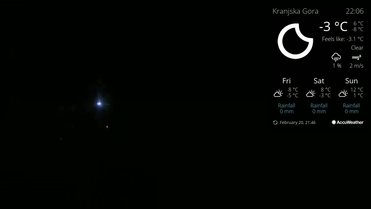 A nighttime image shows a clear sky with a bright light source in the distance under a -3°C temperature.