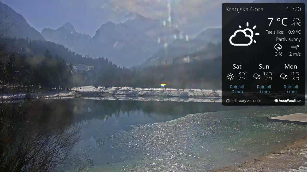 A partially frozen lake reflects snow-covered mountains under a partly sunny sky.