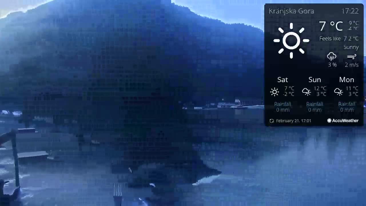 A sunny, hazy view of a body of water at the foot of a mountain range, with a light breeze.