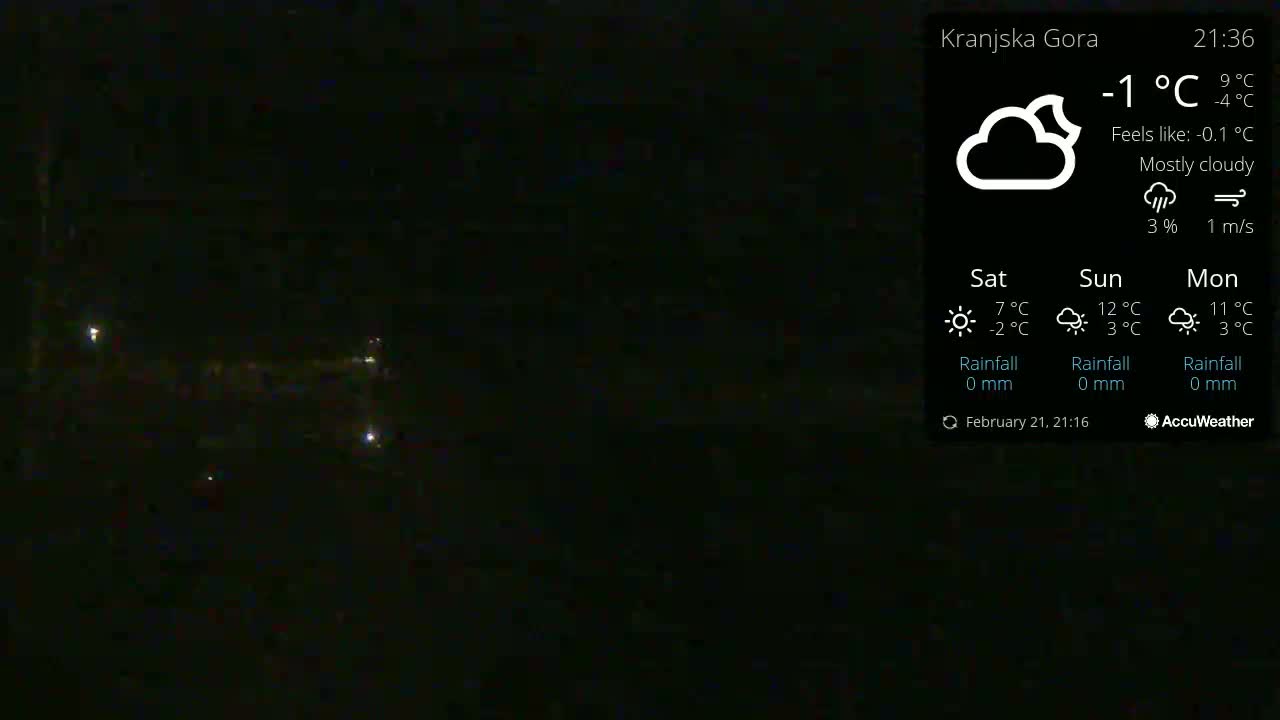 A mostly cloudy night scene shows several distant lights in the dark, with a temperature of -1°C.