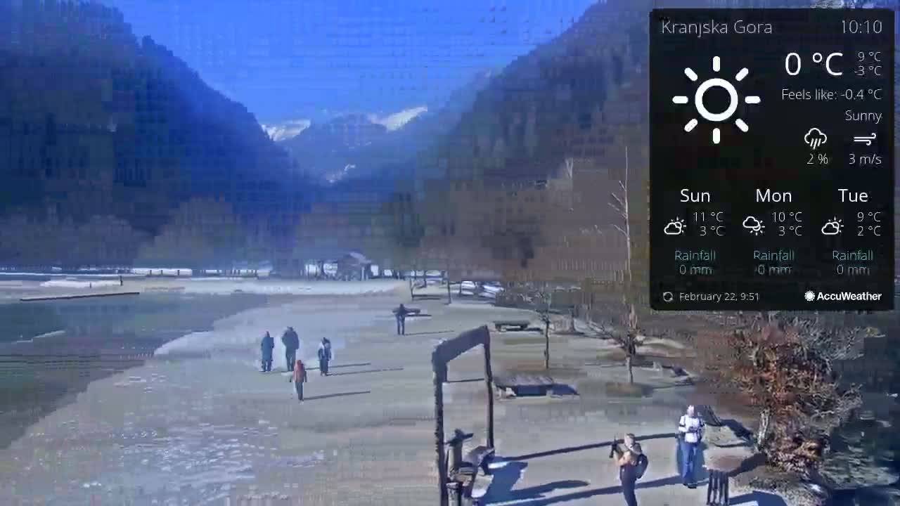 A sunny, cold day shows a partially frozen lake and a paved area with several people walking near mountains.