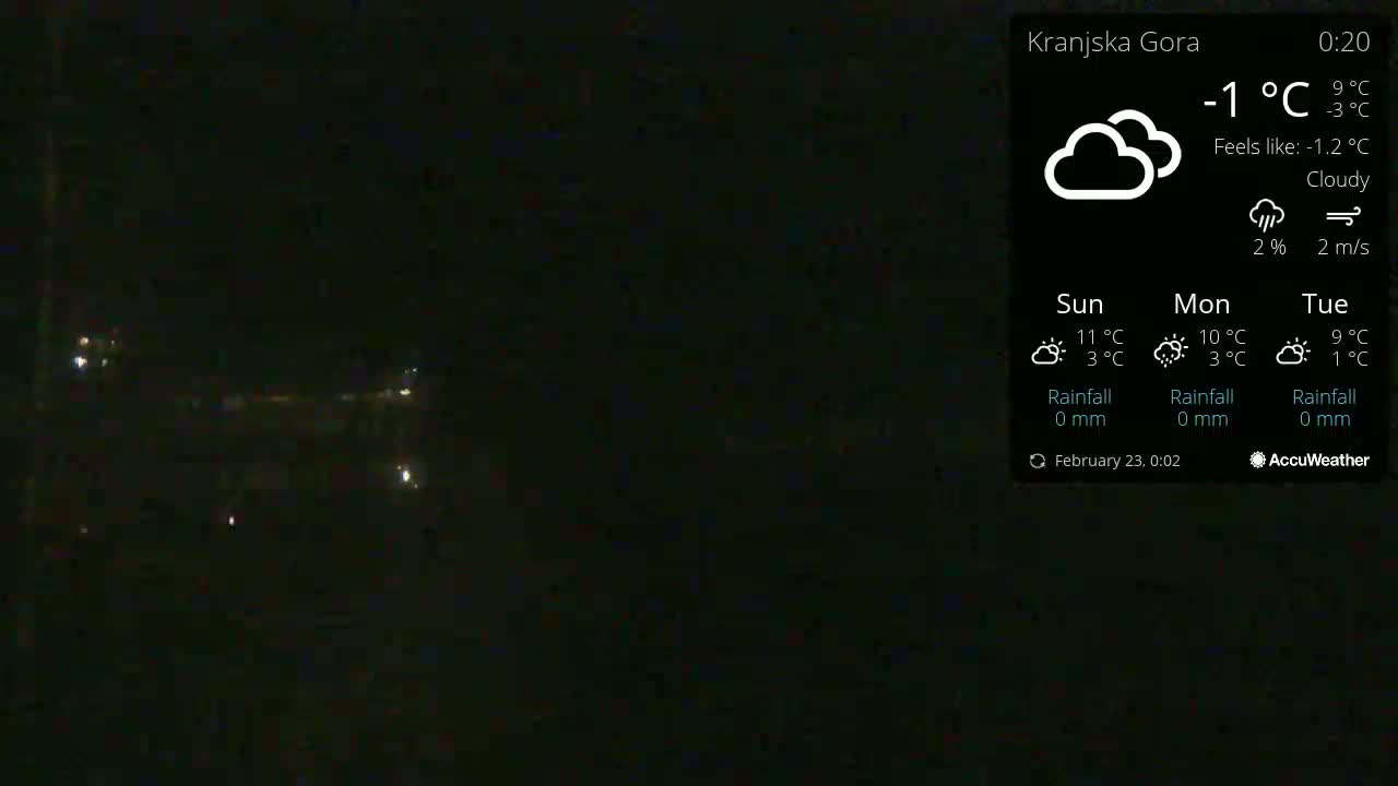 A nighttime, cloudy outdoor scene shows a few distant lights in the darkness, under a -1°C temperature.