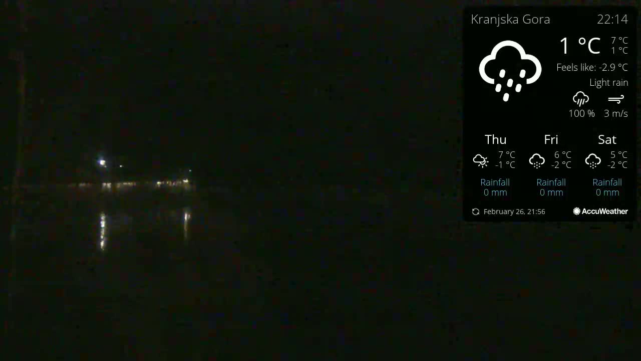 A nighttime, low-light view of a wet, dark road reflecting lights under light rain.