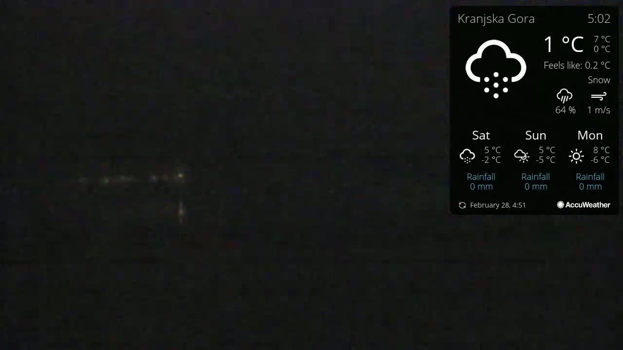 A dark, nighttime outdoor scene showing snow with faint distant lights, under conditions of 1°C and a light wind.