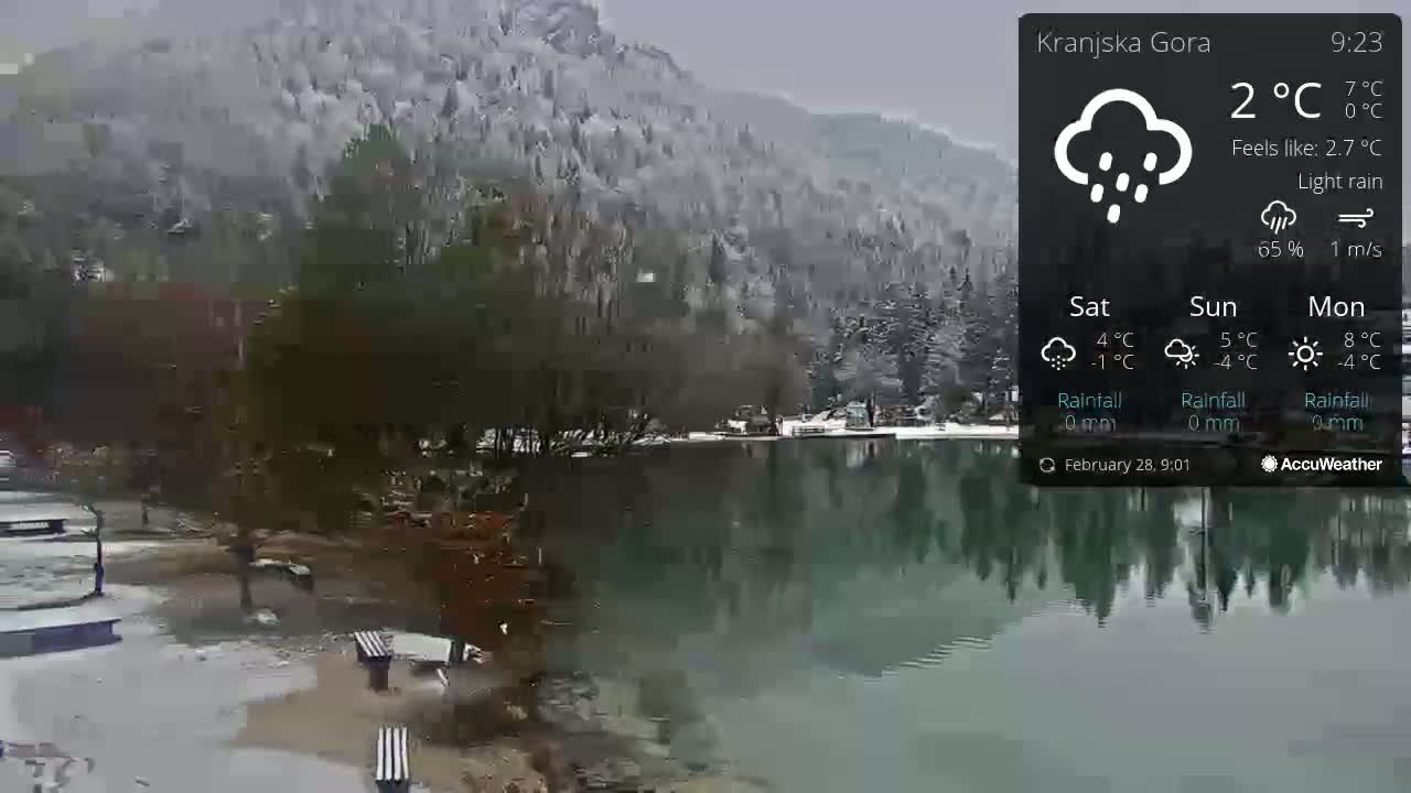 A calm lake reflects snow-covered mountains under a light rain.