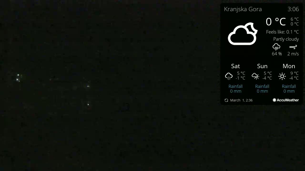 A dark, nighttime scene with a few distant lights visible under partly cloudy conditions.