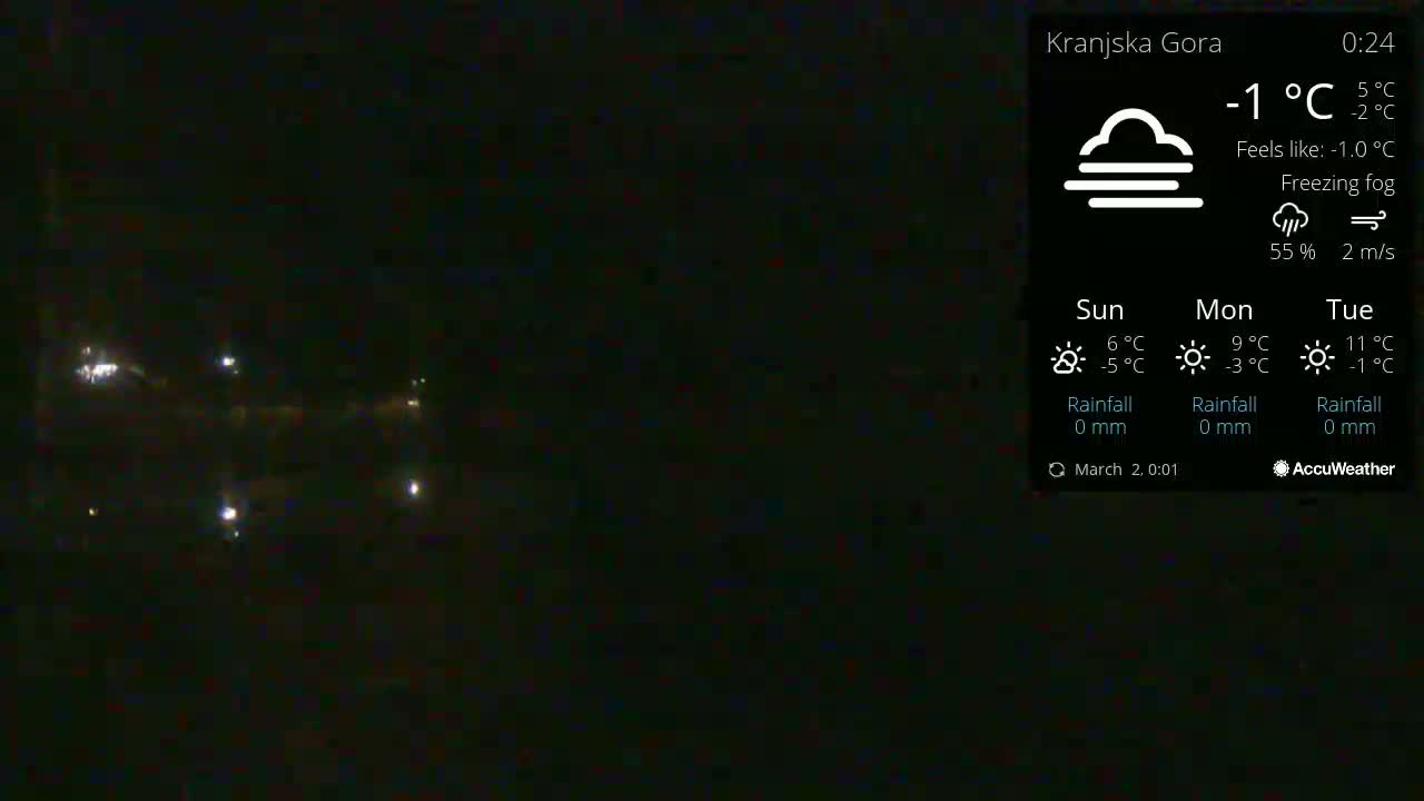 A dark nighttime scene with a few distant lights visible through freezing fog.