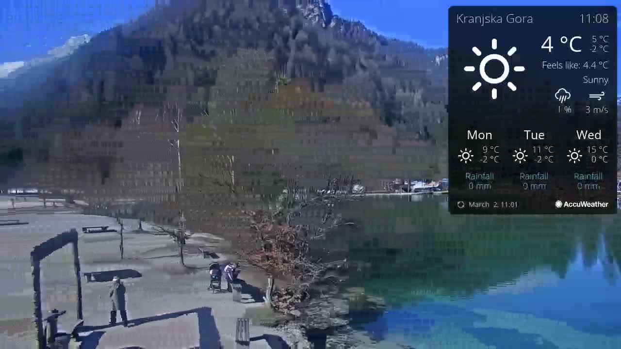 A sunny day overlooks a calm lake next to a park with a few people walking, and mountains in the background.