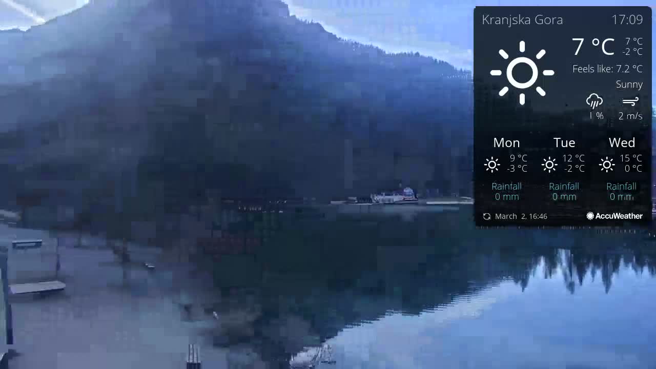 A calm lake reflects a mountain range under a sunny sky.