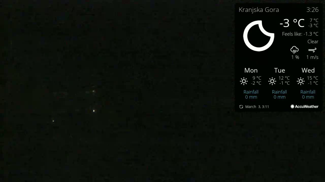 A dark, nighttime scene with a few distant lights visible under clear skies, and a temperature of -3°C.