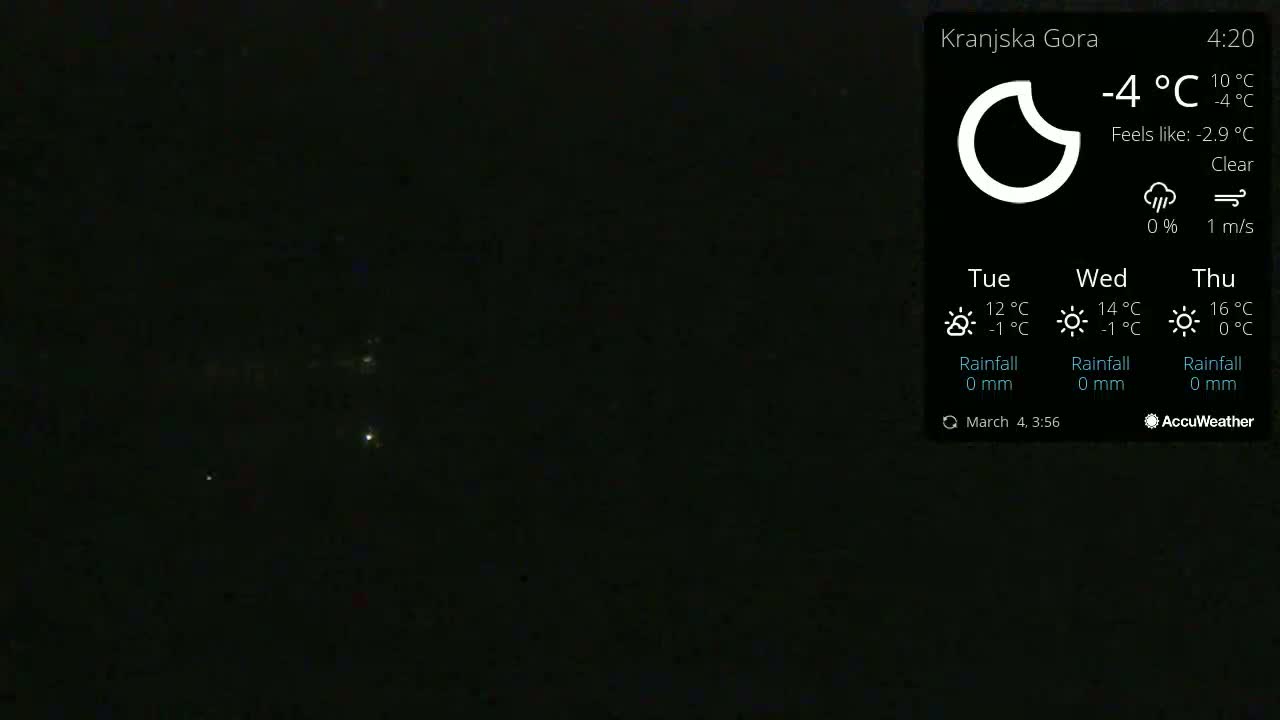 A nighttime outdoor scene shows a clear sky with a few distant lights visible under a -4°C temperature.