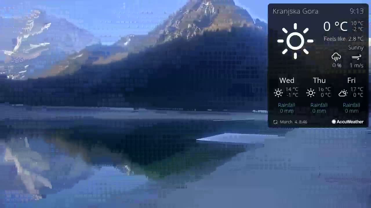 A calm lake reflects a sunny mountain range under a clear sky.