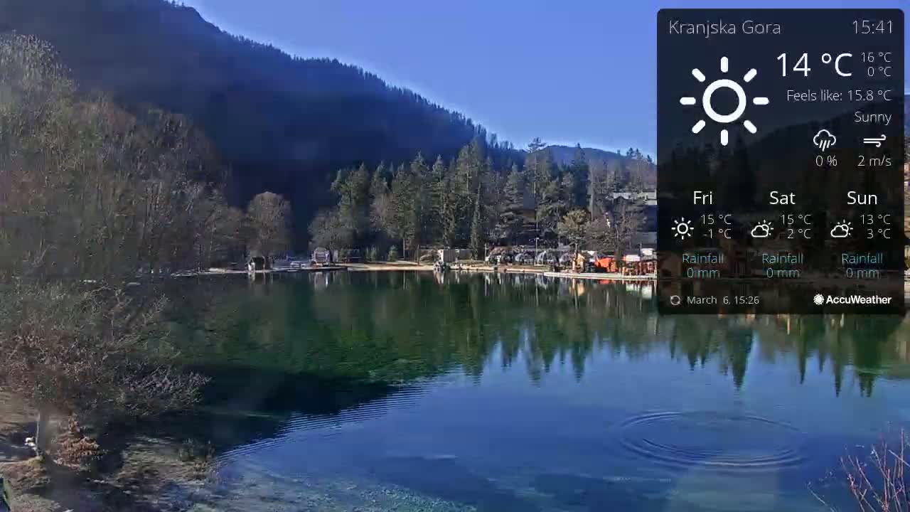A calm lake reflects a sunny sky and a forested mountainside under clear, sunny conditions.