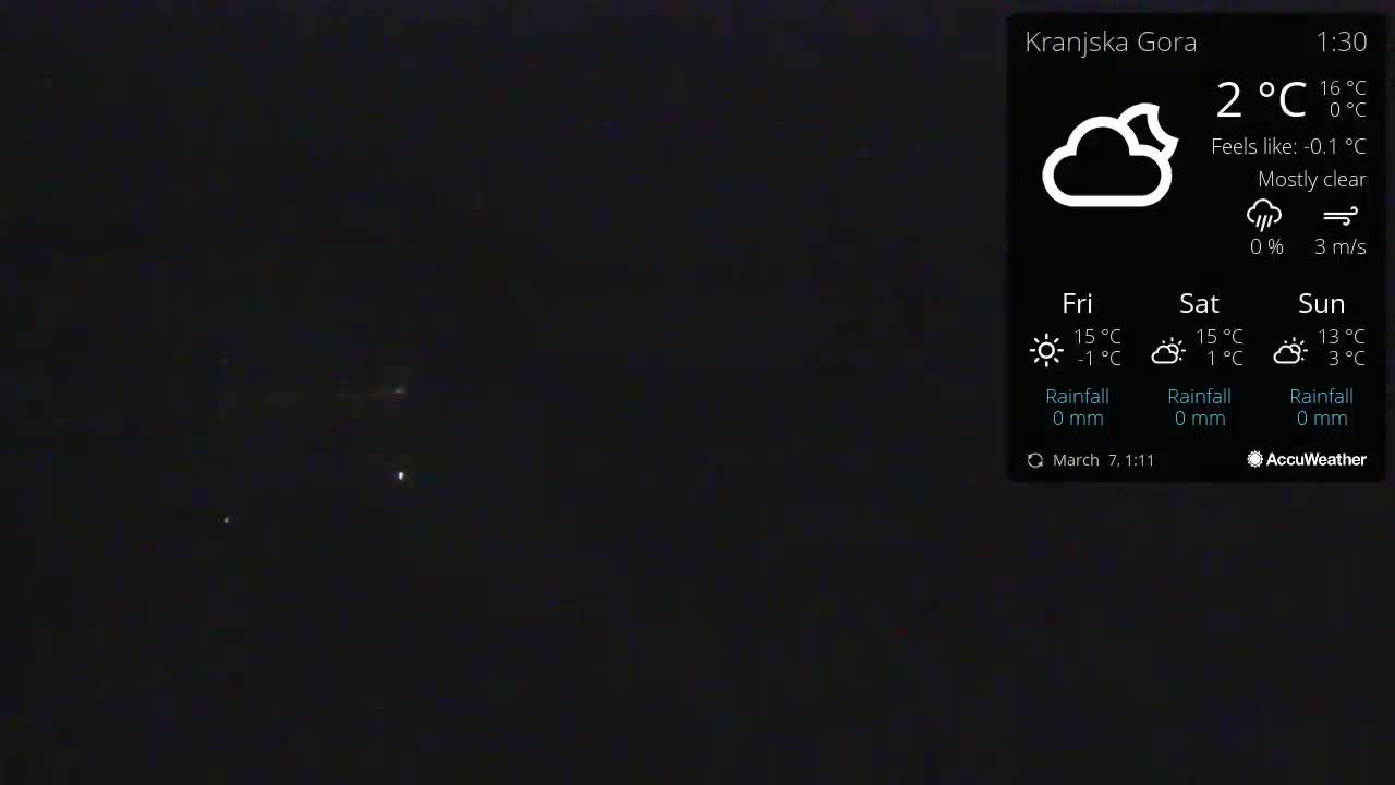 A mostly clear night scene shows faint lights in the distance under a 2°C sky with a 3 m/s wind.