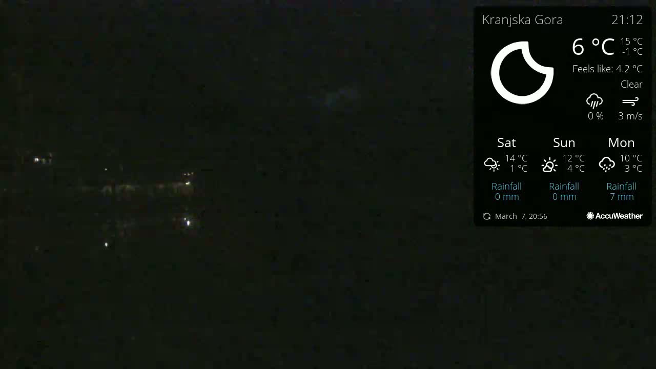 A dark, nighttime outdoor scene shows a few faint lights in the distance under a clear sky.