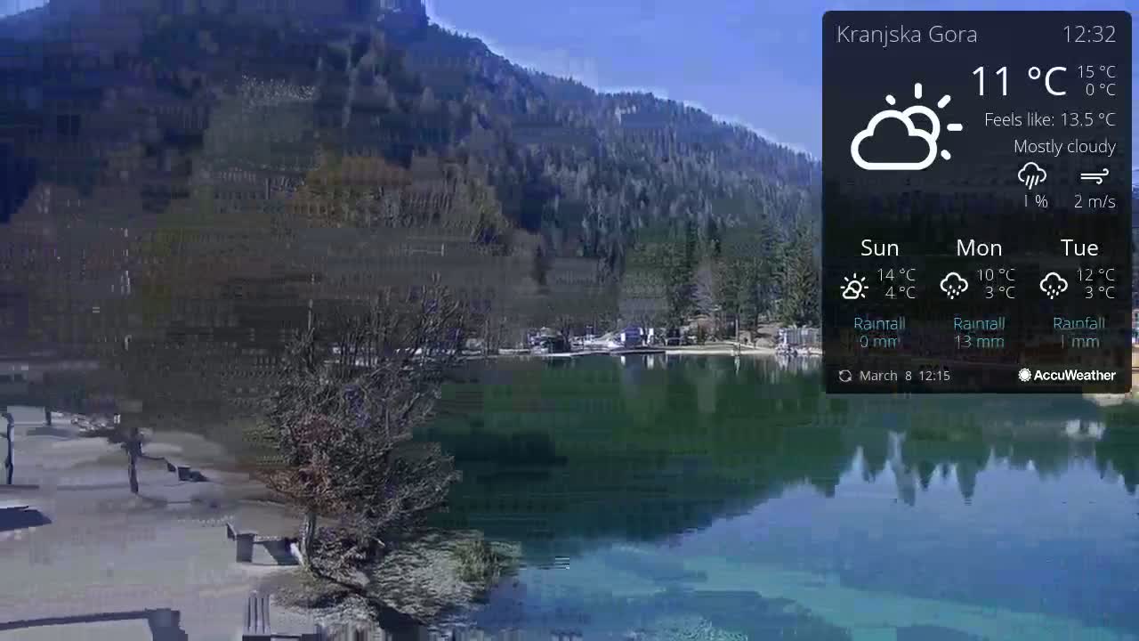 A mostly cloudy day shows a tranquil lake reflecting the surrounding mountains and sparse vegetation.