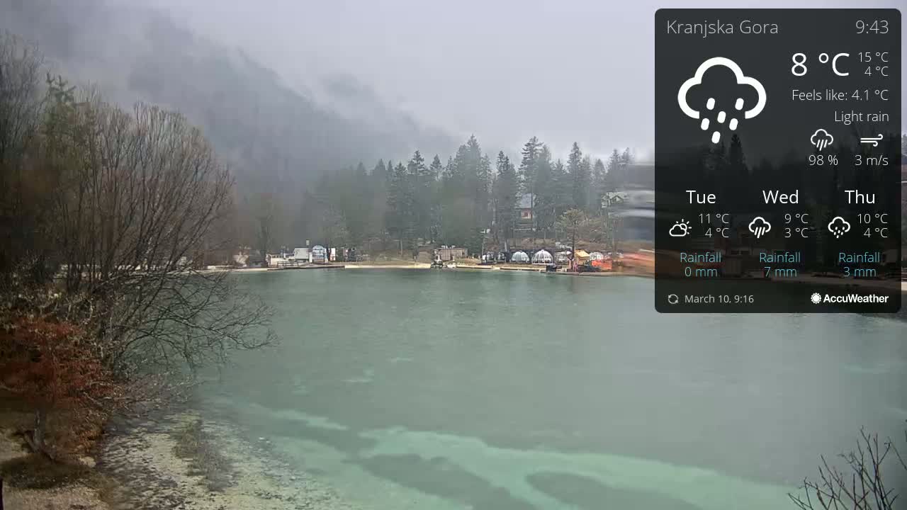 A lake, partially shrouded in mist, sits before a forested hillside under light rain.