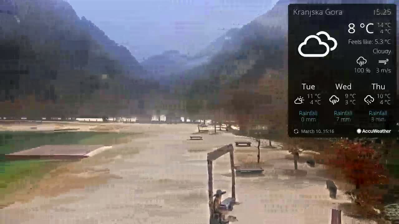 A cloudy, overcast scene shows a mostly empty park near a body of water, backed by mountains, with a person sitting on a swing set.