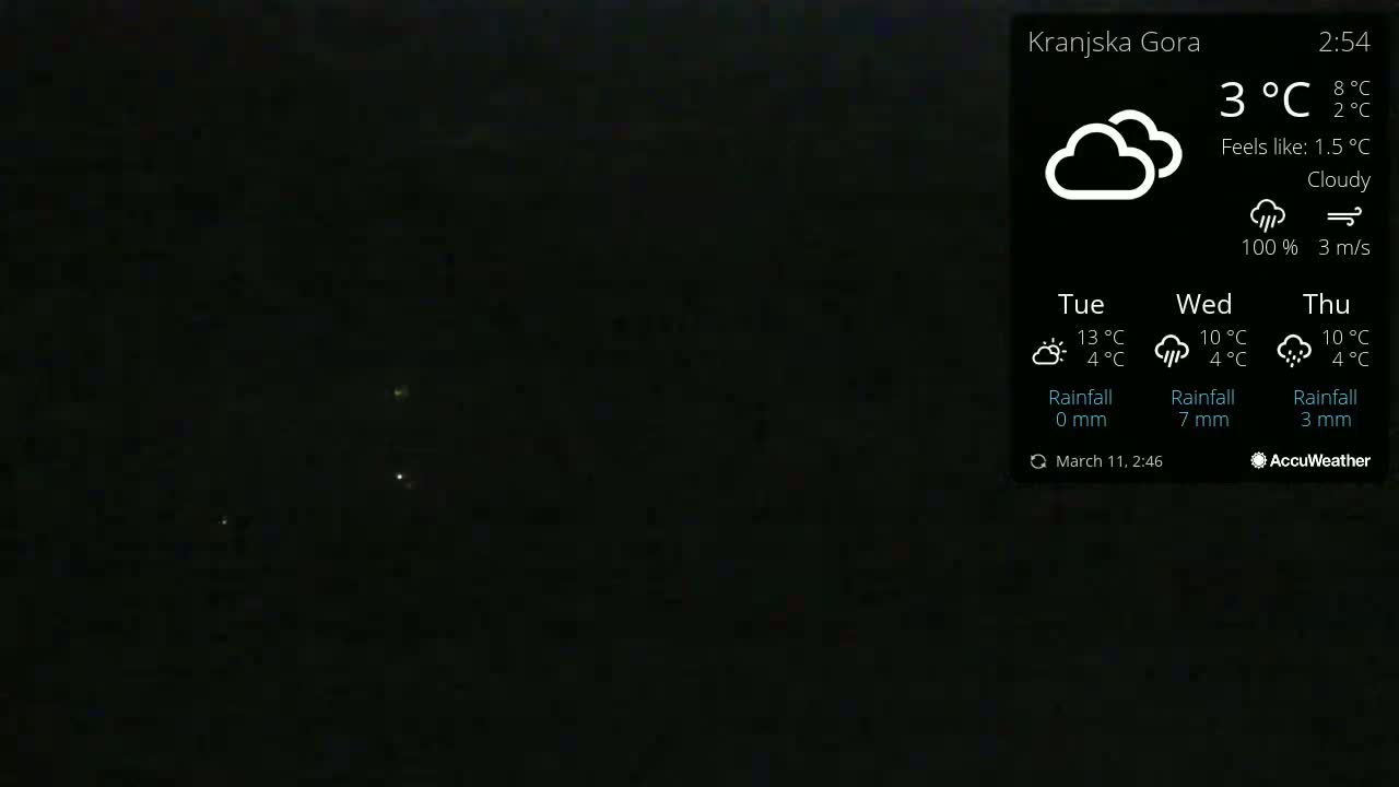 A dark, cloudy night scene with a few distant lights visible.