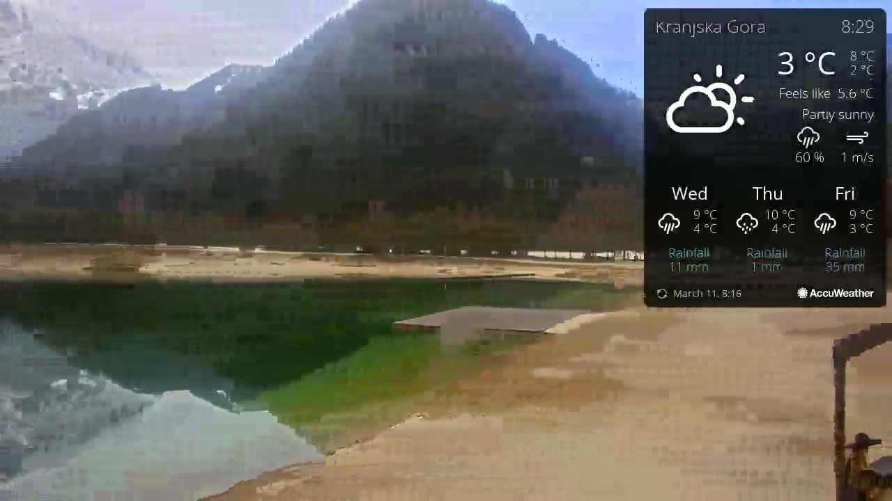 A partly sunny view of a calm, green lake, with a sandy shore and mountains in the background.