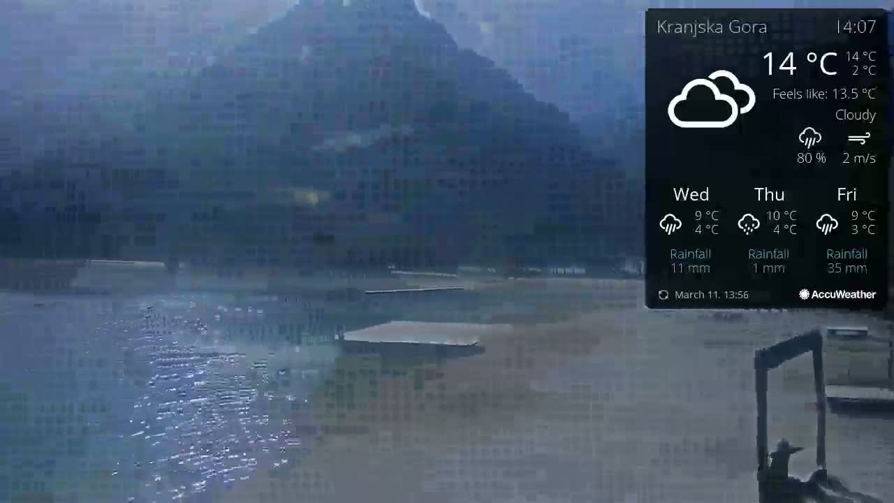 A cloudy, somewhat overcast view of a body of water with a mountain in the background.
