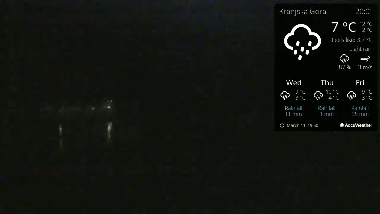 A nighttime, dark outdoor scene shows faint lights in the distance under light rain.