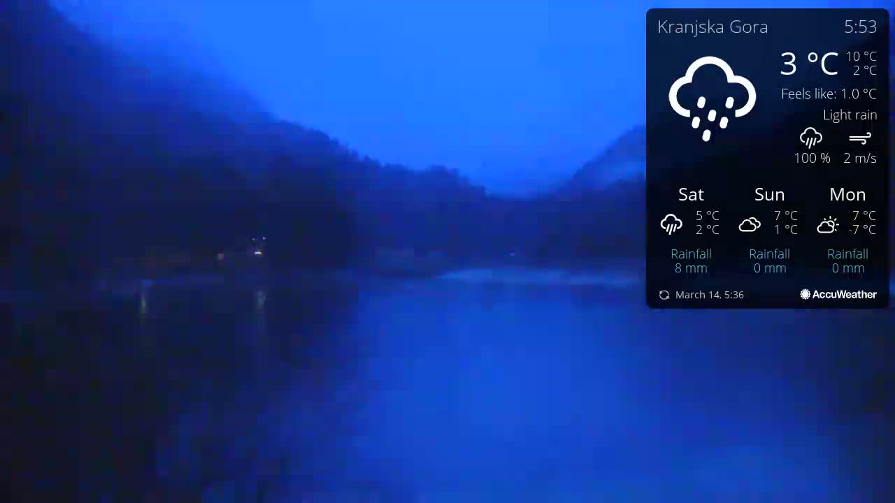 A dark, hazy blue body of water is nestled between dimly lit, fog-shrouded hills under a light rain at night.